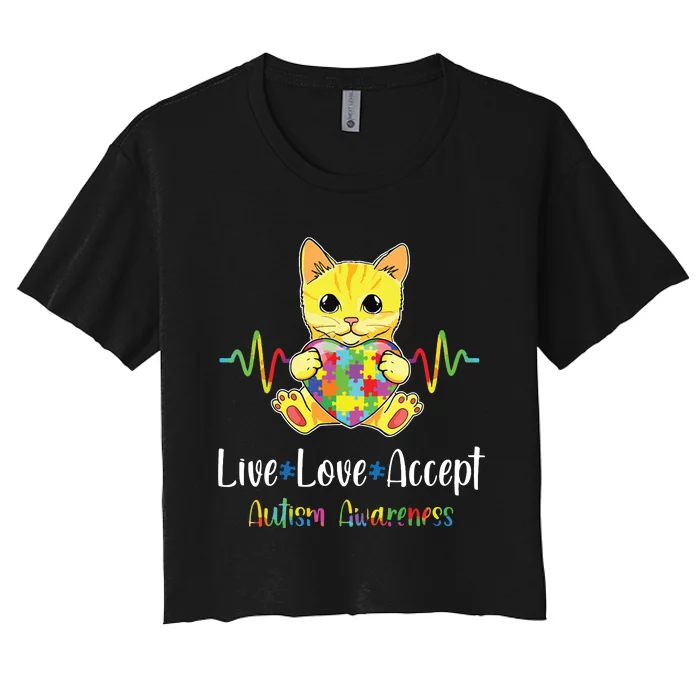 Cat Puzzle Piece Live Love Accept Autism Awareness Women's Crop Top Tee