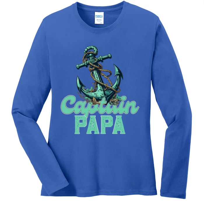 Captain Papa Pontoon Sailing Boat Dad Daddy Fathers Day Gift Ladies Long Sleeve Shirt