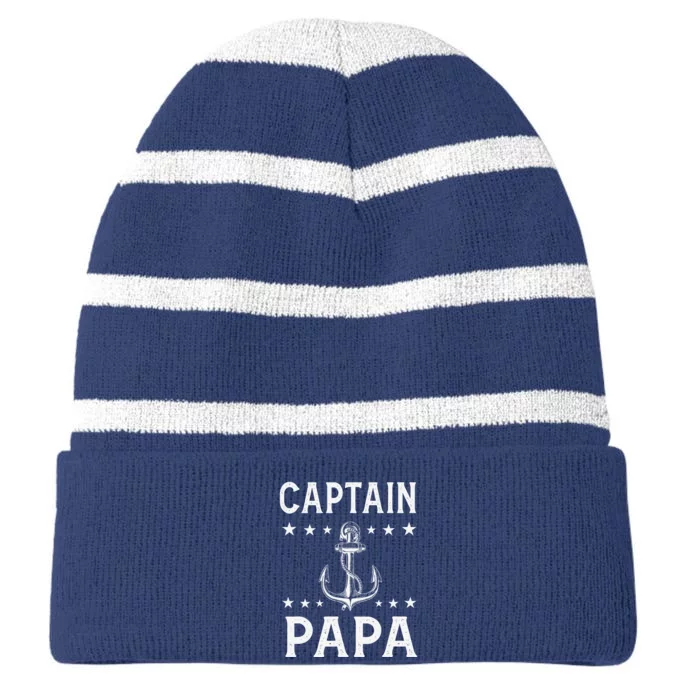 Captain Pappa Pontoon Boat Fishing Sailor Cool Anchor Star Striped Beanie with Solid Band