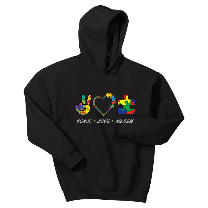 colorful puzzle pieces Autism Awareness Peace Autism love Kids Hoodie