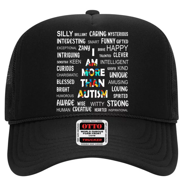 Colorful Puzzle Piece Ribbon I Am More Than Autism Awareness High Crown Mesh Trucker Hat