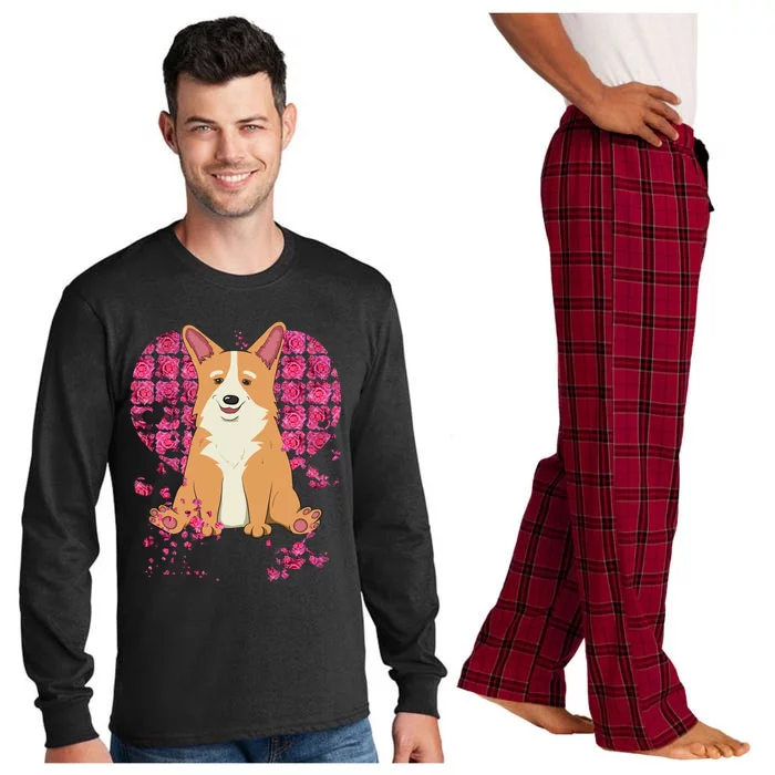 Corgi Pink Rose Flower Heart Dog Mom Floral Valentines Day Meaningful Gift Long Sleeve Pajama Set