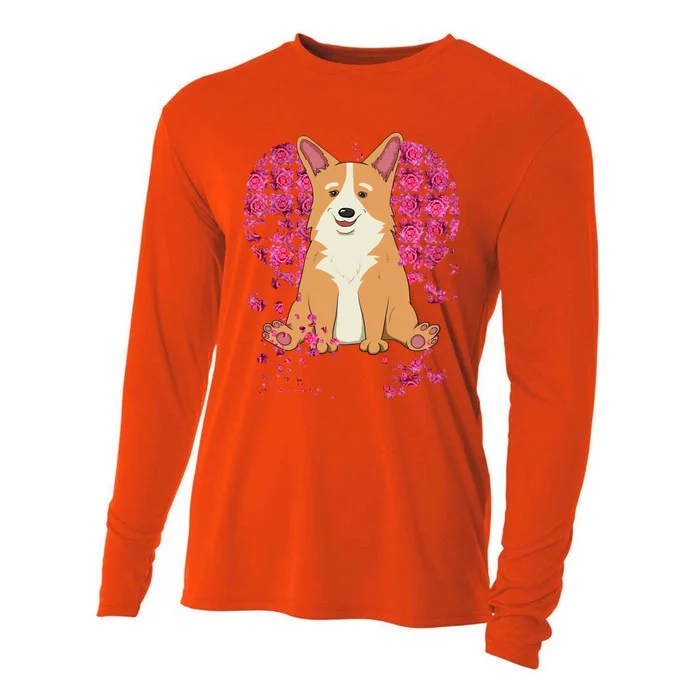 Corgi Pink Rose Flower Heart Dog Mom Floral Valentines Day Cute Gift Cooling Performance Long Sleeve Crew