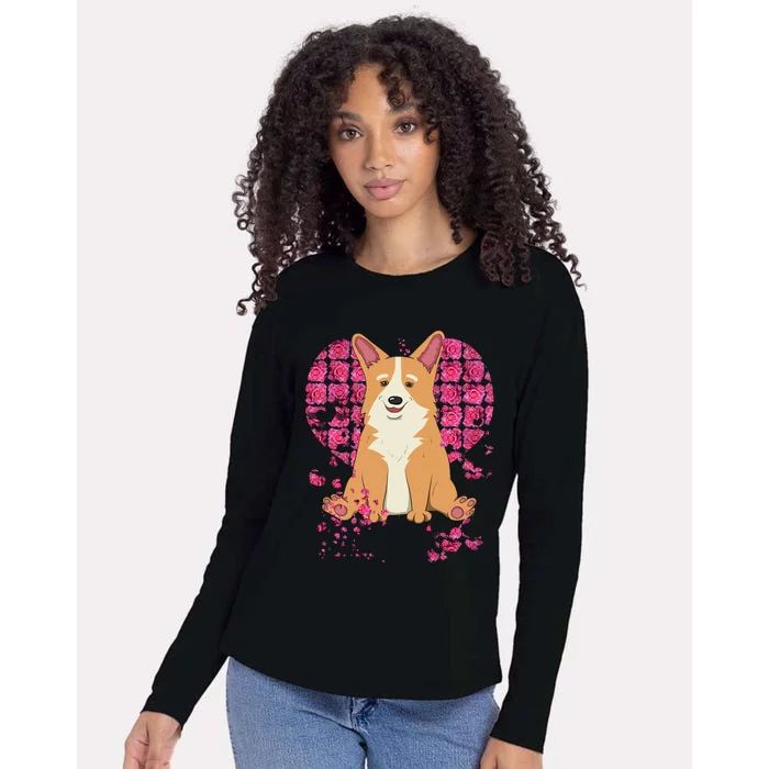 Corgi Pink Rose Flower Heart Dog Mom Floral Valentines Day Cute Gift Womens Cotton Relaxed Long Sleeve T-Shirt