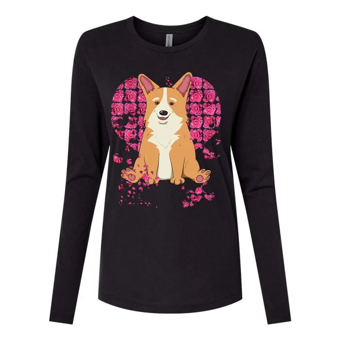 Corgi Pink Rose Flower Heart Dog Mom Floral Valentines Day Cute Gift Womens Cotton Relaxed Long Sleeve T-Shirt