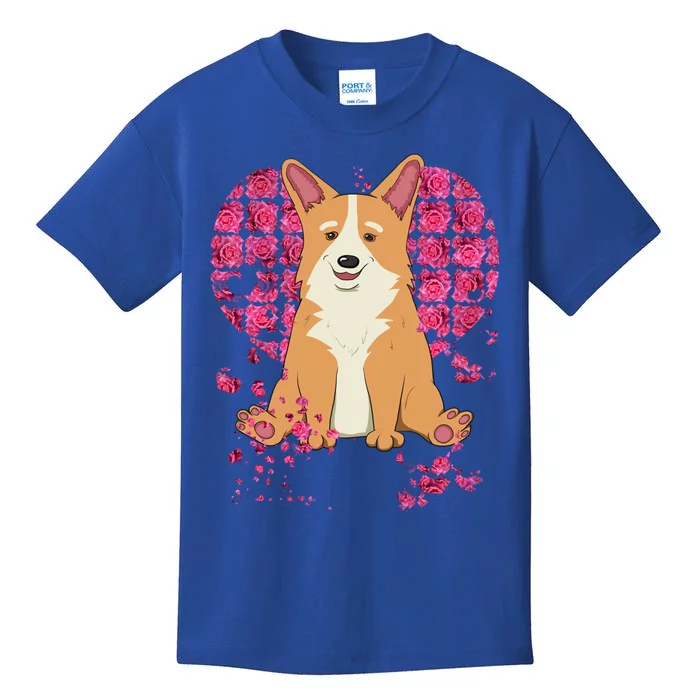 Corgi Pink Rose Flower Heart Dog Mom Floral Valentines Day Cute Gift Kids T-Shirt