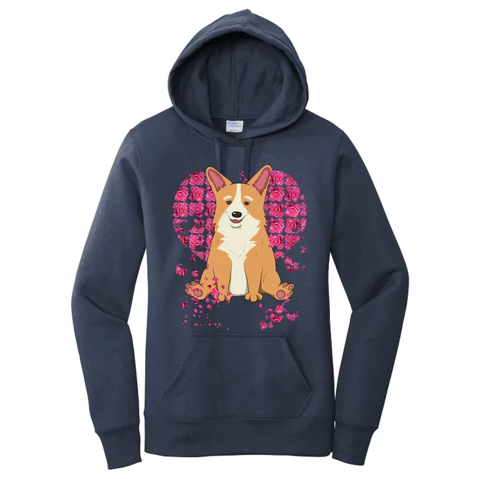 Corgi Pink Rose Flower Heart Dog Mom Floral Valentines Day Cute Gift Women's Pullover Hoodie