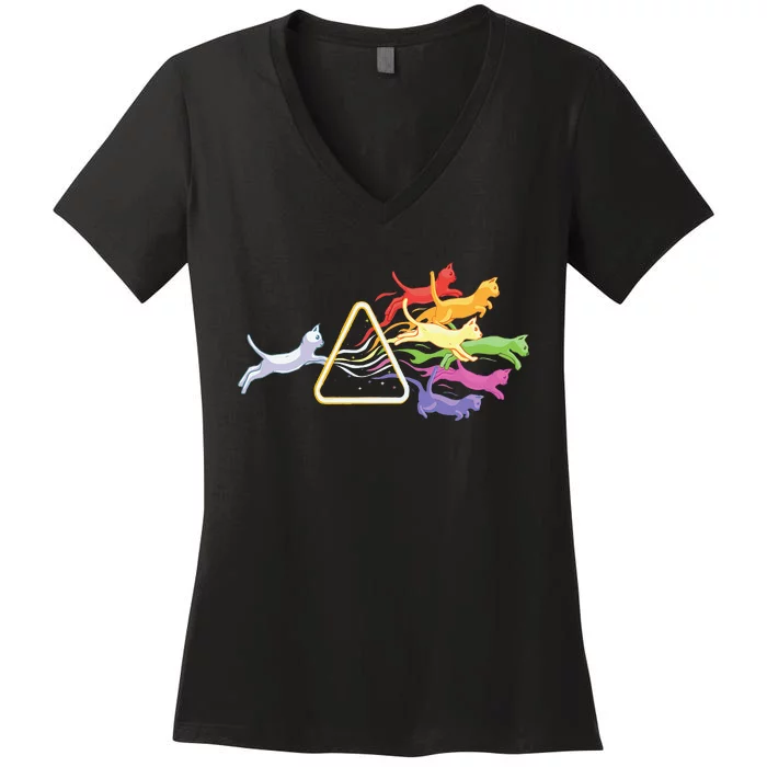 Cat Prism Rainbow Light Funny Physics Science Spectral Cat Women's V-Neck T-Shirt