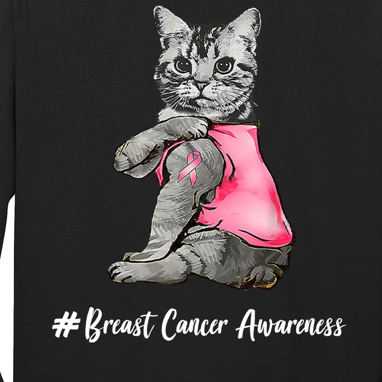 Cat Pink Ribbon Breast Cancer Long Sleeve Shirt