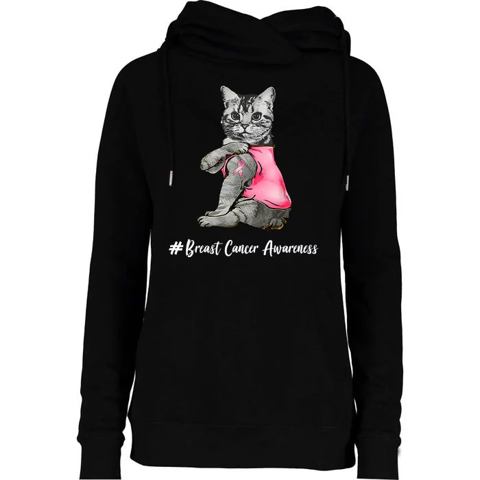 Cat Pink Ribbon Breast Cancer Womens Funnel Neck Pullover Hood