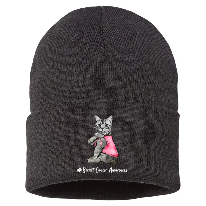 Cat Pink Ribbon Breast Cancer Sustainable Knit Beanie