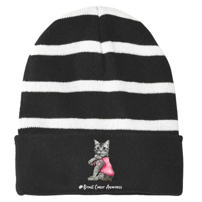 Cat Pink Ribbon Breast Cancer Striped Beanie with Solid Band