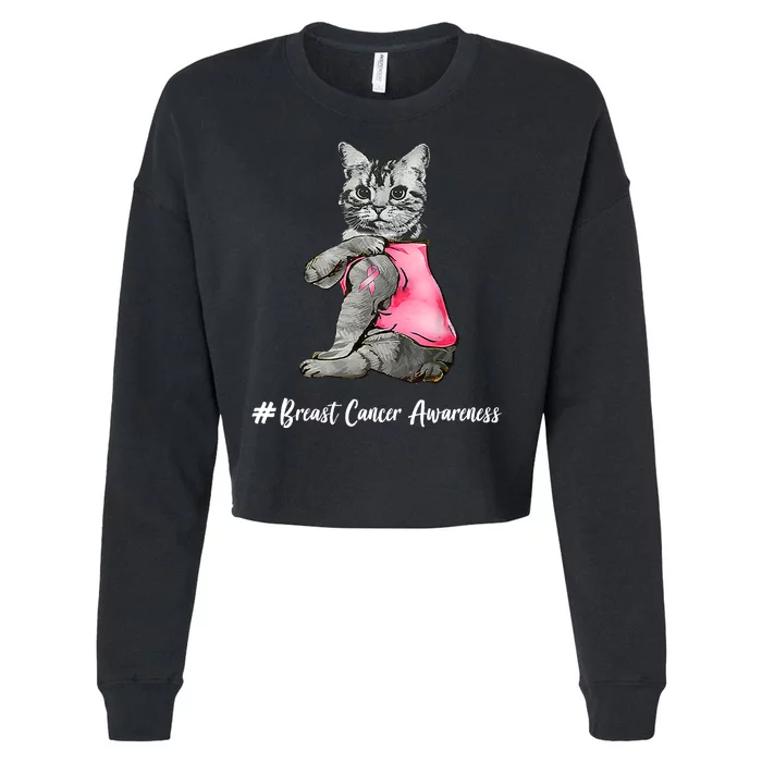 Cat Pink Ribbon Breast Cancer Cropped Pullover Crew