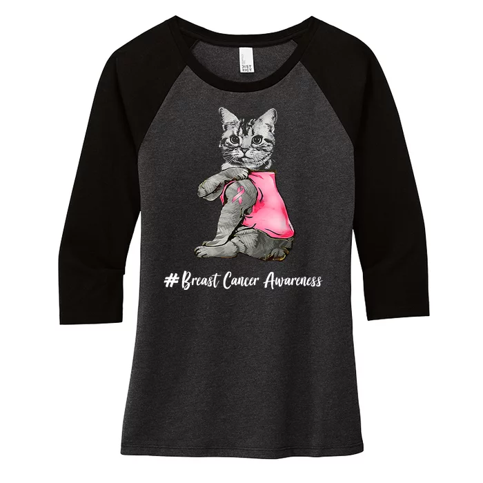 Cat Pink Ribbon Breast Cancer Women's Tri-Blend 3/4-Sleeve Raglan Shirt