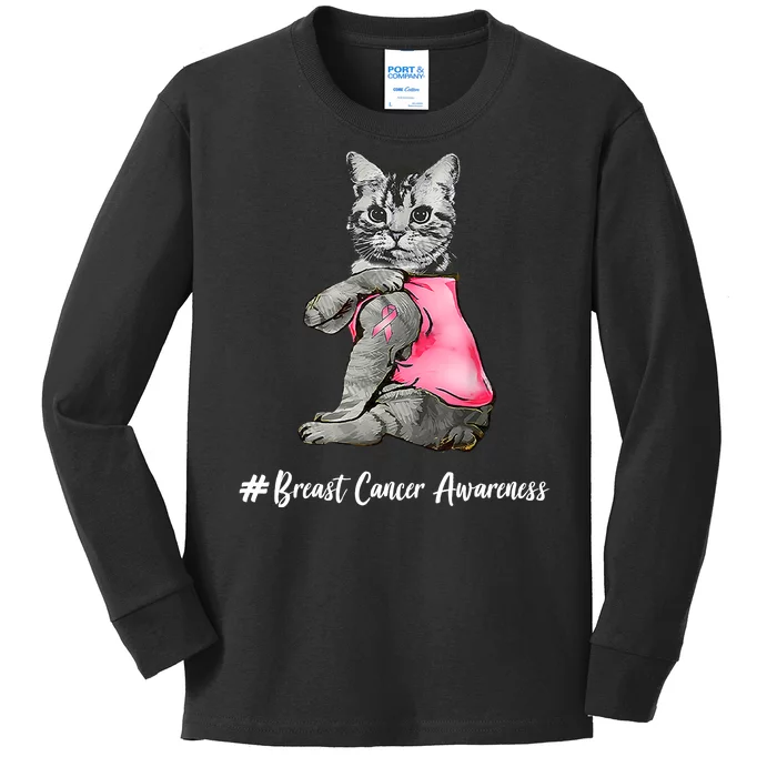 Cat Pink Ribbon Breast Cancer Kids Long Sleeve Shirt