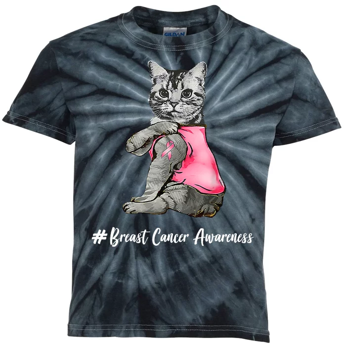 Cat Pink Ribbon Breast Cancer Kids Tie-Dye T-Shirt