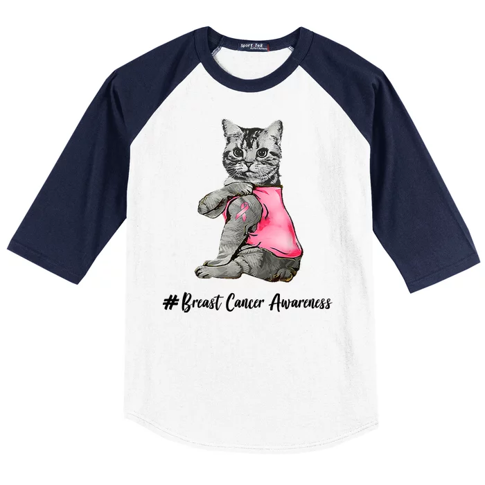 Cat Pink Ribbon Breast Cancer Baseball Sleeve Shirt