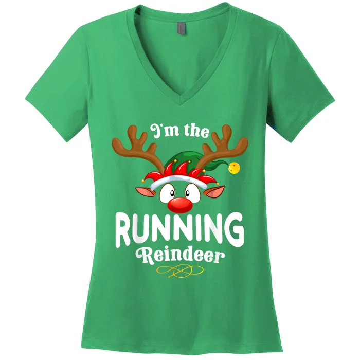 Christmas Pjs Running Xmas Reindeer Matching Women's V-Neck T-Shirt