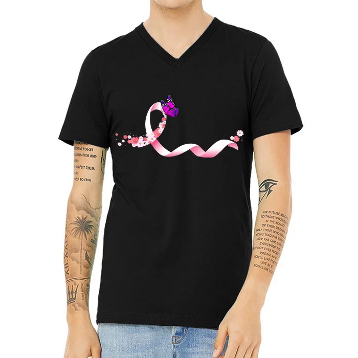 Cute Pink Ribbon Butterfly Breast Cancer Awareness V-Neck T-Shirt