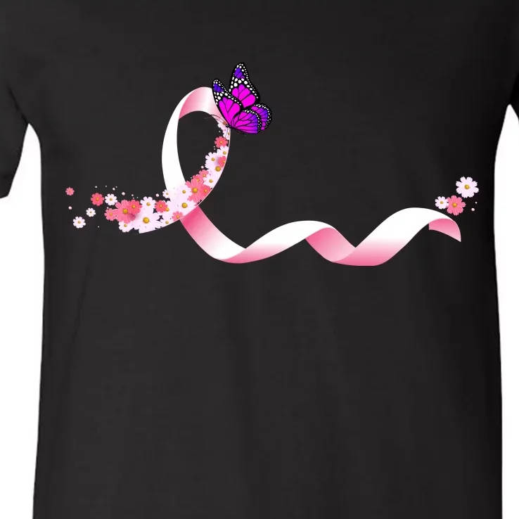 Cute Pink Ribbon Butterfly Breast Cancer Awareness V-Neck T-Shirt