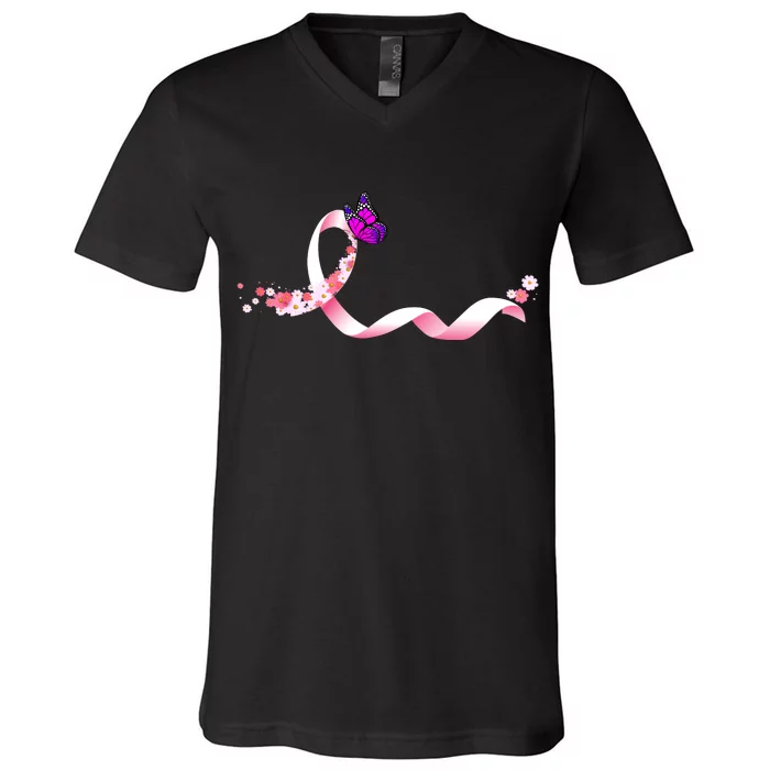 Cute Pink Ribbon Butterfly Breast Cancer Awareness V-Neck T-Shirt