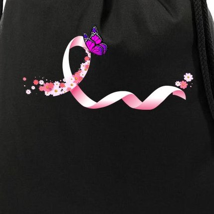 Cute Pink Ribbon Butterfly Breast Cancer Awareness Drawstring Bag