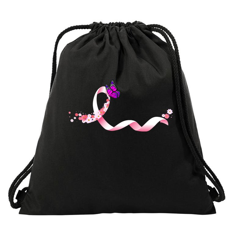 Cute Pink Ribbon Butterfly Breast Cancer Awareness Drawstring Bag
