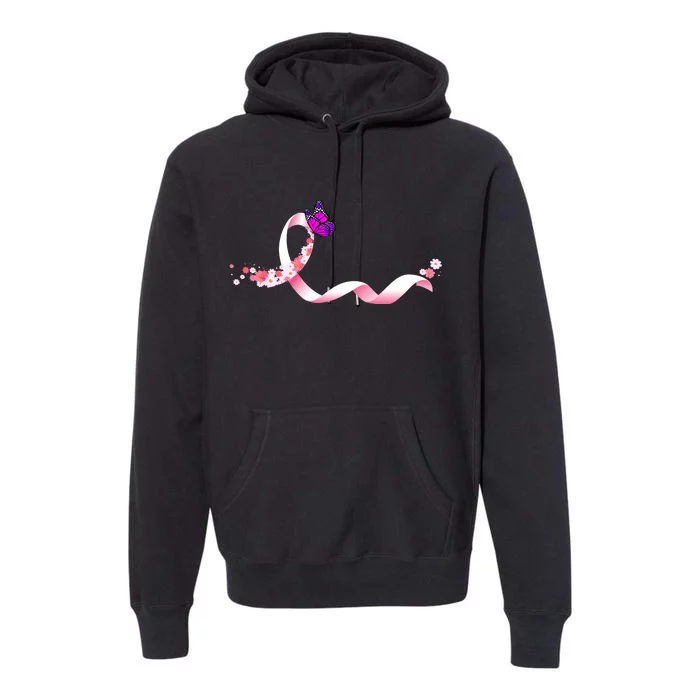 Cute Pink Ribbon Butterfly Breast Cancer Awareness Premium Hoodie