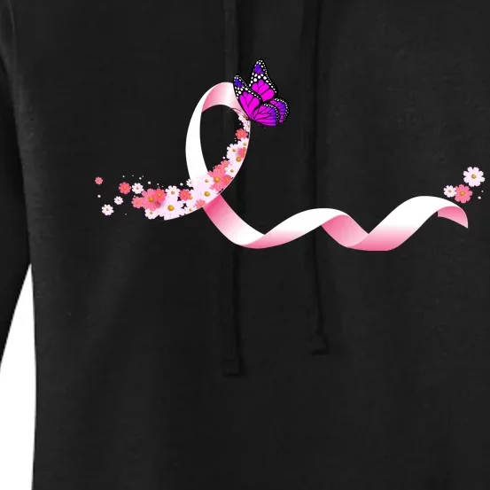 Cute Pink Ribbon Butterfly Breast Cancer Awareness Women's Pullover Hoodie