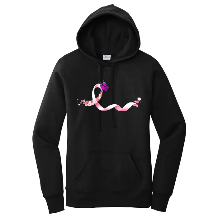 Cute Pink Ribbon Butterfly Breast Cancer Awareness Women's Pullover Hoodie