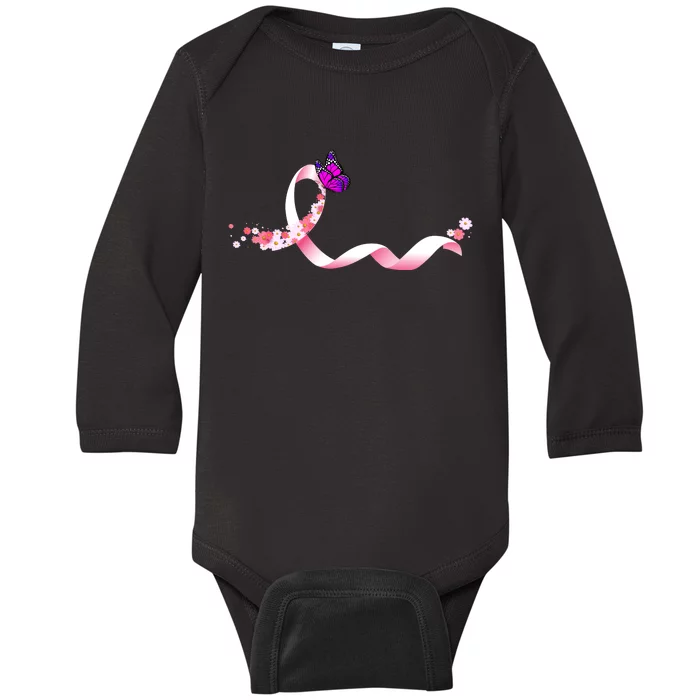 Cute Pink Ribbon Butterfly Breast Cancer Awareness Baby Long Sleeve Bodysuit