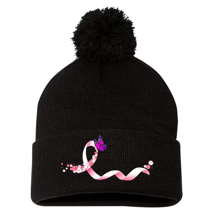 Cute Pink Ribbon Butterfly Breast Cancer Awareness Pom Pom 12in Knit Beanie