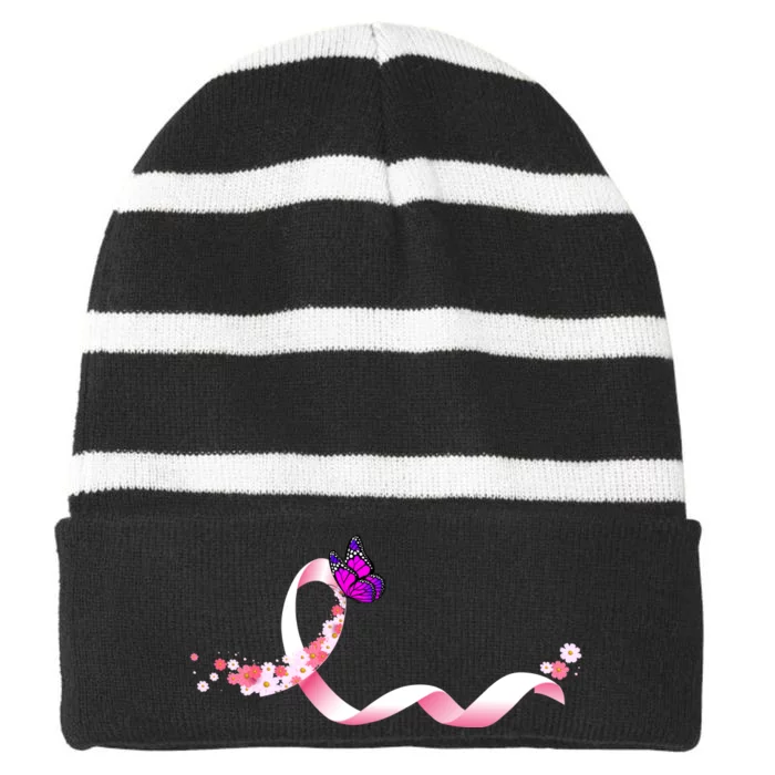 Cute Pink Ribbon Butterfly Breast Cancer Awareness Striped Beanie with Solid Band