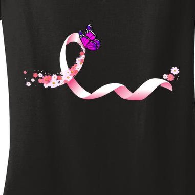 Cute Pink Ribbon Butterfly Breast Cancer Awareness Women's V-Neck T-Shirt