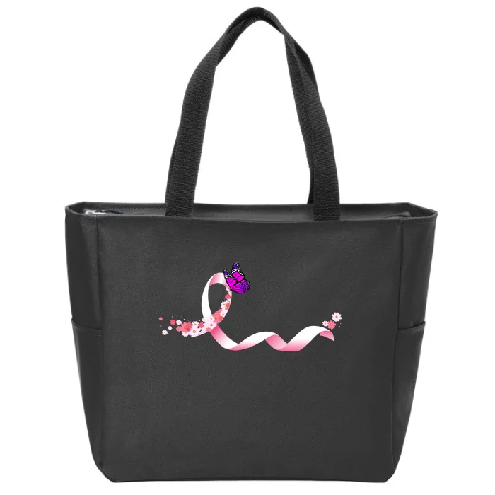 Cute Pink Ribbon Butterfly Breast Cancer Awareness Zip Tote Bag