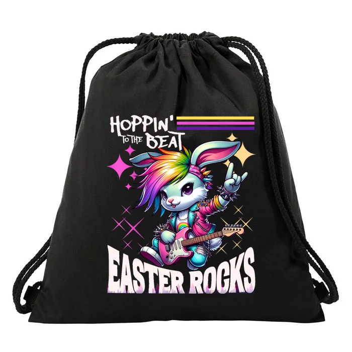 Cute Punk Rocking Bunny Hopping Rabbit Easter Rocks Drawstring Bag