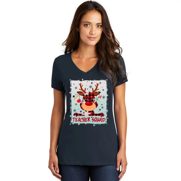 Cute Plaid Reindeer Teacher Squad Women's V-Neck T-Shirt