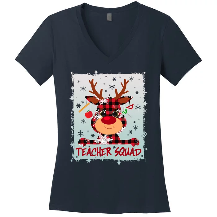 Cute Plaid Reindeer Teacher Squad Women's V-Neck T-Shirt