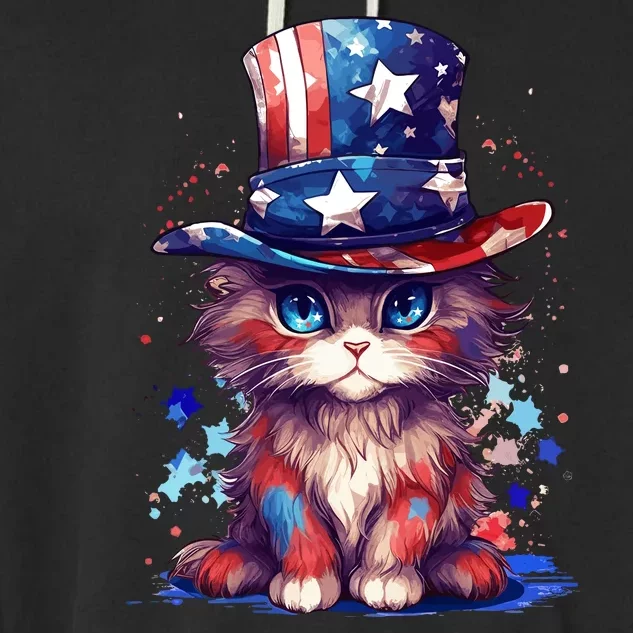 Cute Patriotic Red White And Blue Kitten Cat Garment-Dyed Fleece Hoodie