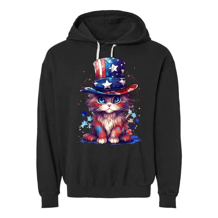 Cute Patriotic Red White And Blue Kitten Cat Garment-Dyed Fleece Hoodie