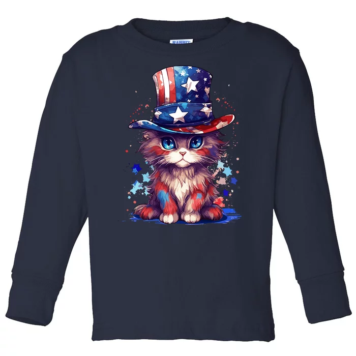 Cute Patriotic Red White And Blue Kitten Cat Toddler Long Sleeve Shirt