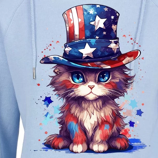 Cute Patriotic Red White And Blue Kitten Cat Womens Funnel Neck Pullover Hood