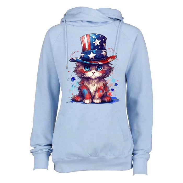 Cute Patriotic Red White And Blue Kitten Cat Womens Funnel Neck Pullover Hood