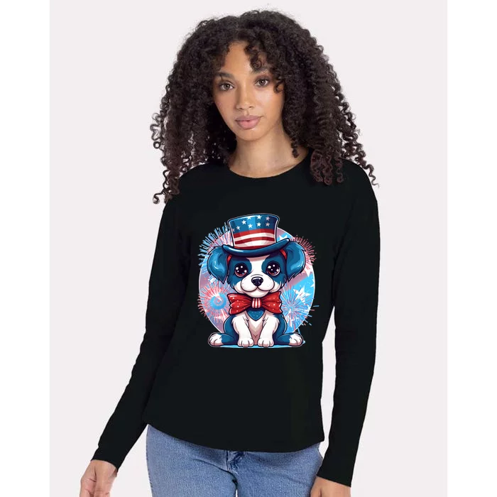 Cute Patriotic Red White And Blue Puppy Dog Womens Cotton Relaxed Long Sleeve T-Shirt