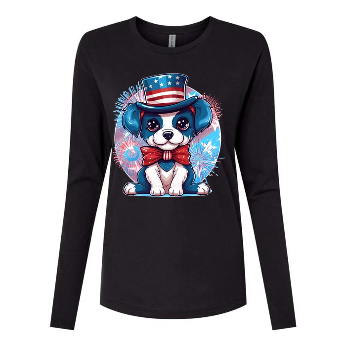 Cute Patriotic Red White And Blue Puppy Dog Womens Cotton Relaxed Long Sleeve T-Shirt