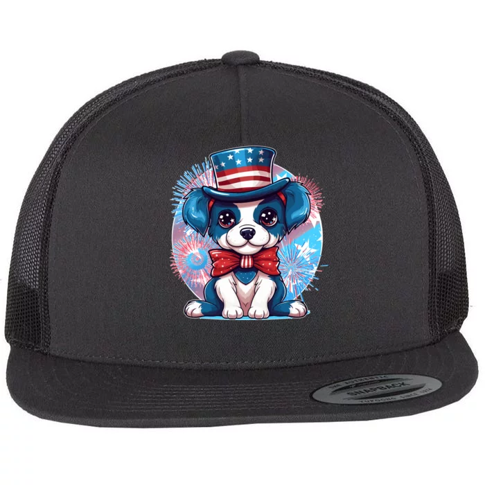 Cute Patriotic Red White And Blue Puppy Dog Flat Bill Trucker Hat