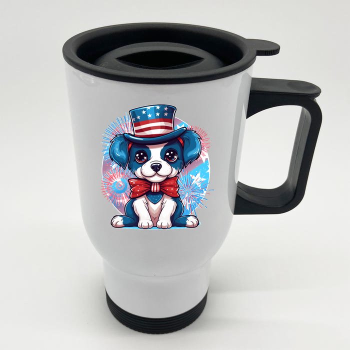 Cute Patriotic Red White And Blue Puppy Dog Front & Back Stainless Steel Travel Mug