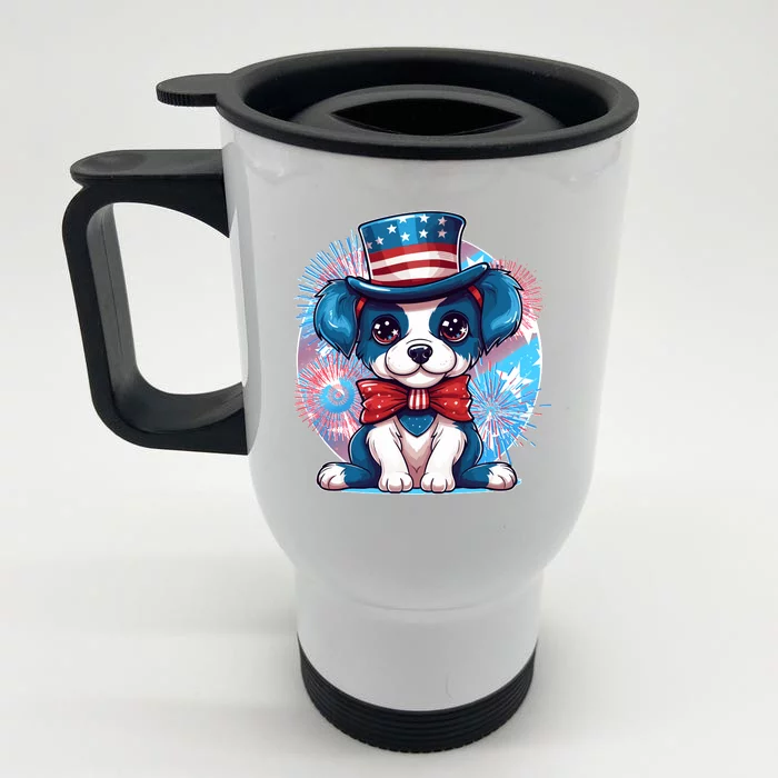 Cute Patriotic Red White And Blue Puppy Dog Front & Back Stainless Steel Travel Mug