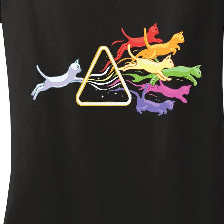 Cat Prism Rainbow Light Funny Physics Science Spectral Cat Women's V-Neck T-Shirt