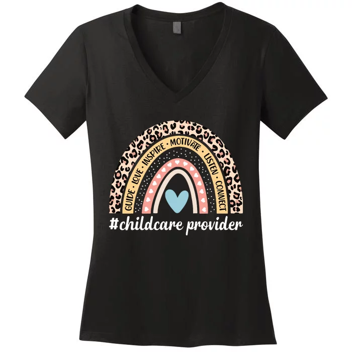 Childcare Provider Rainbow Leopard Daycare Provider Women's V-Neck T-Shirt